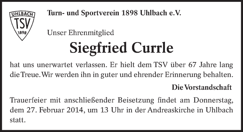  Traueranzeige für Siegfried Currle vom 26.02.2014 aus Eßlinger Zeitung/Cannstatter Zeitung