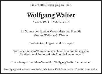Traueranzeige von Wolfgang Walter von Eßlinger Zeitung/Cannstatter Zeitung