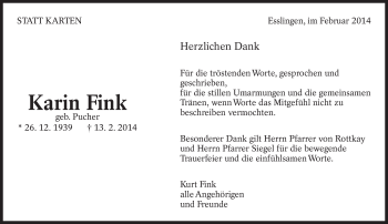 Traueranzeige von Karin Fink von Eßlinger Zeitung/Cannstatter Zeitung