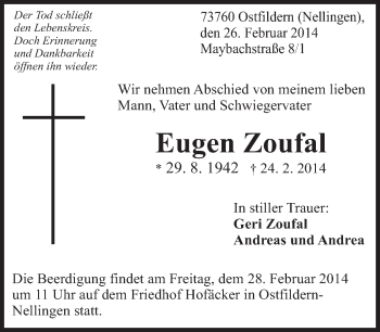 Traueranzeige von Eugen Zoufal von Eßlinger Zeitung/Cannstatter Zeitung