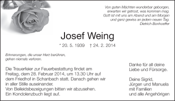 Traueranzeige von Josef Weing von Eßlinger Zeitung/Cannstatter Zeitung