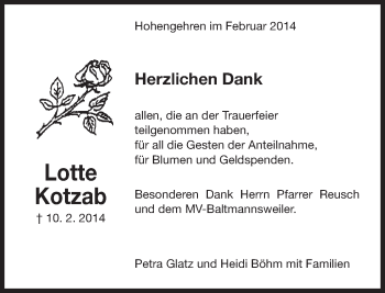 Traueranzeige von Lotte Kotzab von Eßlinger Zeitung/Cannstatter Zeitung