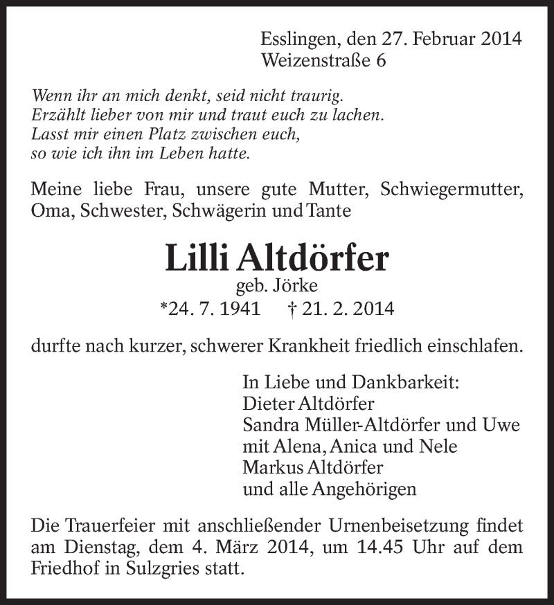  Traueranzeige für Lilli Altdörfer vom 27.02.2014 aus Eßlinger Zeitung/Cannstatter Zeitung