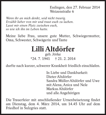 Traueranzeige von Lilli Altdörfer von Eßlinger Zeitung/Cannstatter Zeitung