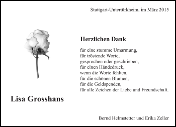 Traueranzeige von Lisa Grosshans von Eßlinger Zeitung/Cannstatter Zeitung