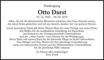 Traueranzeige von Otto Durst von Eßlinger Zeitung/Cannstatter Zeitung