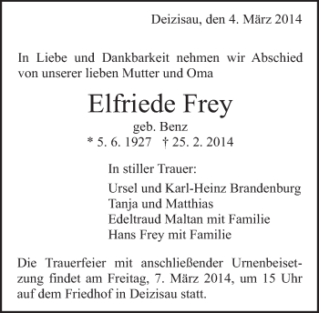 Traueranzeige von Elfriede Frey von Eßlinger Zeitung/Cannstatter Zeitung