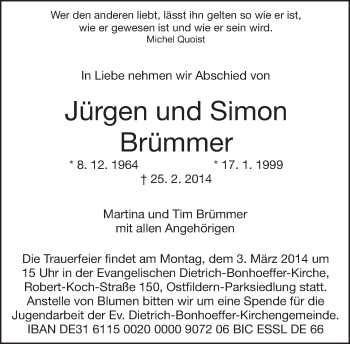 Traueranzeige von Jürgen und Simon Brümmer von Eßlinger Zeitung/Cannstatter Zeitung
