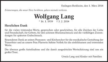 Traueranzeige von Wolfgang Lang von Eßlinger Zeitung/Cannstatter Zeitung