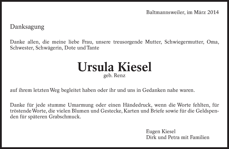  Traueranzeige für Ursula Kiesel vom 01.03.2014 aus Eßlinger Zeitung/Cannstatter Zeitung
