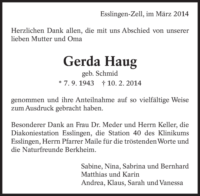  Traueranzeige für Gerda Haug vom 01.03.2014 aus Eßlinger Zeitung/Cannstatter Zeitung