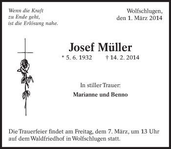 Traueranzeige von Josef Müller von Eßlinger Zeitung/Cannstatter Zeitung
