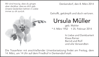 Traueranzeige von Ursula Müller von Eßlinger Zeitung/Cannstatter Zeitung