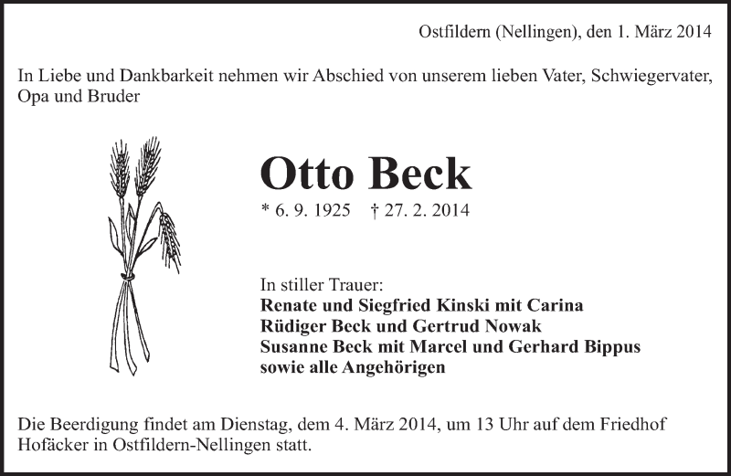  Traueranzeige für Otto Beck vom 01.03.2014 aus Eßlinger Zeitung/Cannstatter Zeitung
