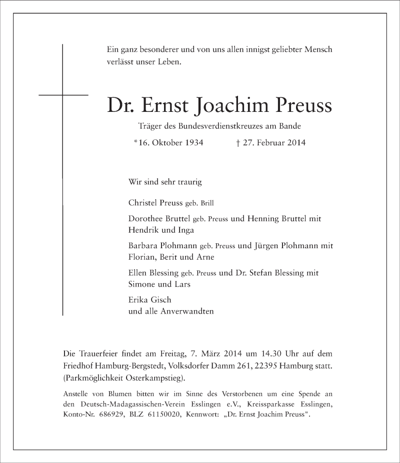  Traueranzeige für Ernst Joachim Preuss vom 05.03.2014 aus Eßlinger Zeitung/Cannstatter Zeitung