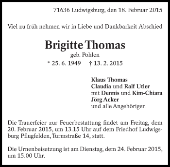 Traueranzeige von Brigitte Thomas von Eßlinger Zeitung/Cannstatter Zeitung