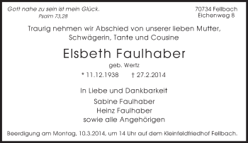 Traueranzeige von Elsbeth Faulhaber von Eßlinger Zeitung/Cannstatter Zeitung