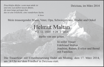Traueranzeige von Helmut Maltan von Eßlinger Zeitung/Cannstatter Zeitung