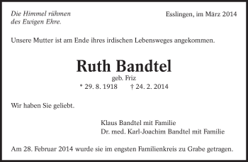 Traueranzeige von Ruth Bandtel von Eßlinger Zeitung/Cannstatter Zeitung