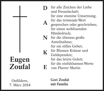 Traueranzeige von Eugen Zoufal von Eßlinger Zeitung/Cannstatter Zeitung