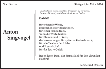 Traueranzeige von Anton Singvogel von Eßlinger Zeitung/Cannstatter Zeitung