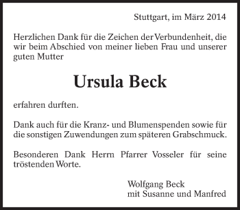 Traueranzeige von Ursula Beck von Eßlinger Zeitung/Cannstatter Zeitung