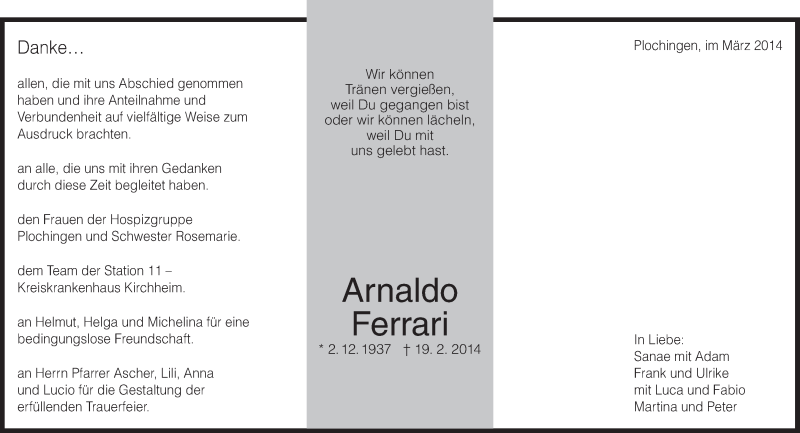  Traueranzeige für Arnaldo Ferrari vom 08.03.2014 aus Eßlinger Zeitung/Cannstatter Zeitung