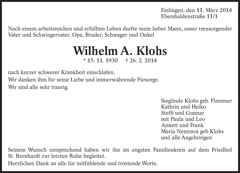  Traueranzeige für Wilhelm A. Klohs vom 11.03.2014 aus Eßlinger Zeitung/Cannstatter Zeitung