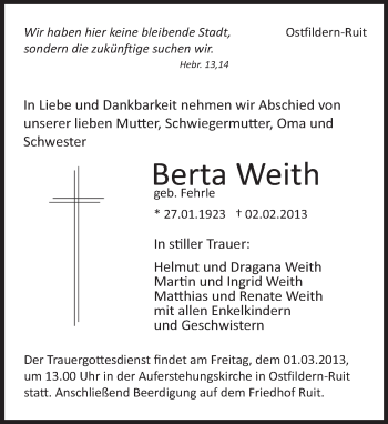 Traueranzeige von Berta Weith von Eßlinger Zeitung/Cannstatter Zeitung