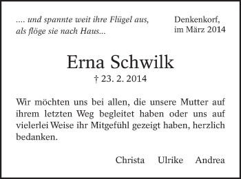 Traueranzeige von Erna Schwilk von Eßlinger Zeitung/Cannstatter Zeitung