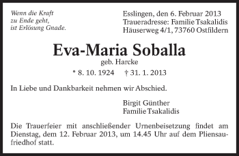 Traueranzeige von Eva-Maria Soballa von Eßlinger Zeitung/Cannstatter Zeitung