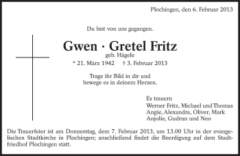 Traueranzeige von Gwen Gretel Fritz von Eßlinger Zeitung/Cannstatter Zeitung