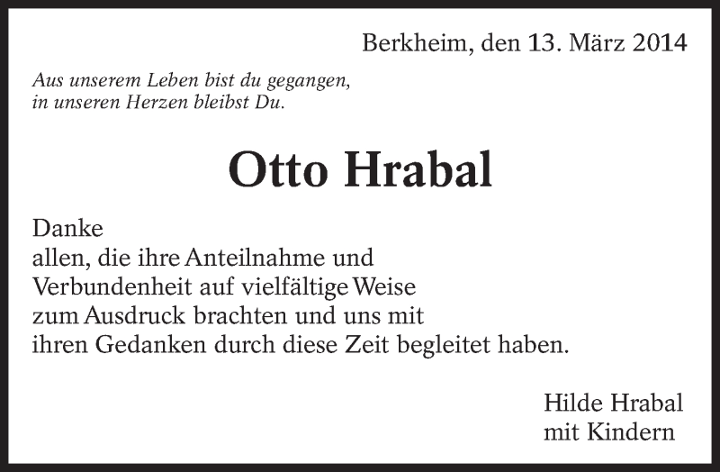  Traueranzeige für Otto Hrabal vom 13.03.2014 aus Eßlinger Zeitung/Cannstatter Zeitung
