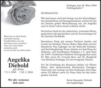 Traueranzeige von Angelika Diebold von Eßlinger Zeitung/Cannstatter Zeitung