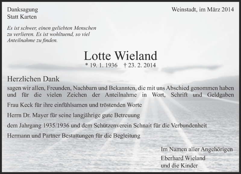  Traueranzeige für Lotte Wieland vom 14.03.2014 aus Eßlinger Zeitung/Cannstatter Zeitung
