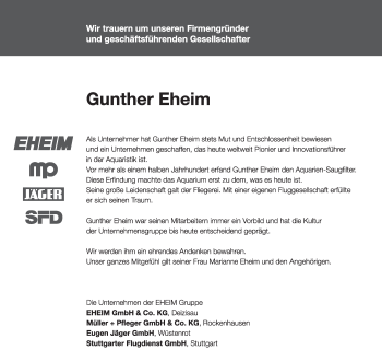 Traueranzeige von Gunther Eheim von Eßlinger Zeitung/Cannstatter Zeitung