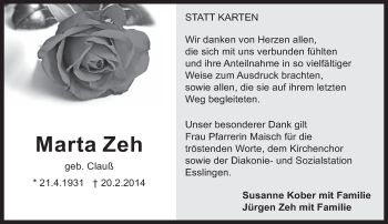 Traueranzeige von Marta Zeh von Eßlinger Zeitung/Cannstatter Zeitung