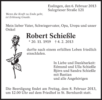 Traueranzeige von Robert Schießle von Eßlinger Zeitung/Cannstatter Zeitung