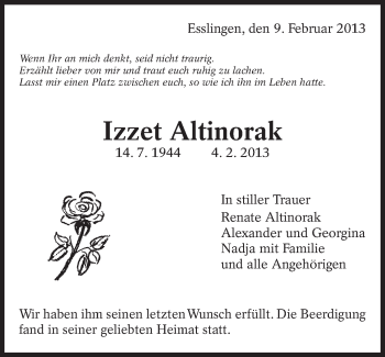 Traueranzeige von Izzet Altinorak von Eßlinger Zeitung/Cannstatter Zeitung