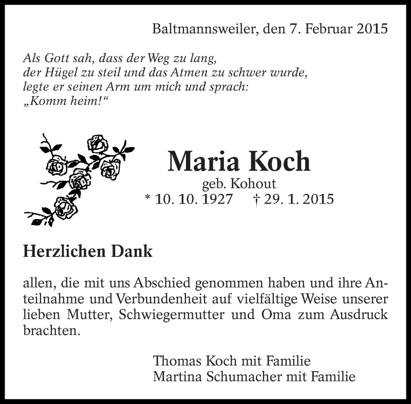  Traueranzeige für Maria Koch vom 07.02.2015 aus Eßlinger Zeitung/Cannstatter Zeitung