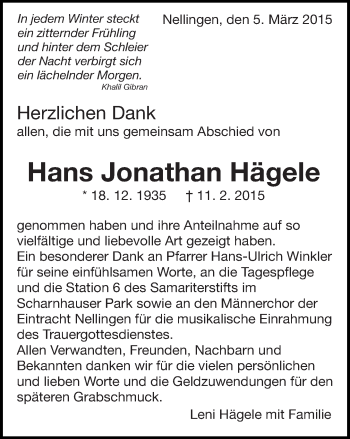 Traueranzeige von Hans Jonathan Hägele von Eßlinger Zeitung/Cannstatter Zeitung