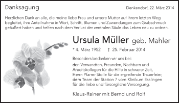 Traueranzeige von Ursula Müller von Eßlinger Zeitung/Cannstatter Zeitung