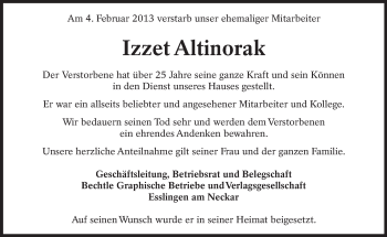 Traueranzeige von Izzet Altinorak von Eßlinger Zeitung/Cannstatter Zeitung