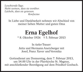 Traueranzeige von Erna Egelhof von Eßlinger Zeitung/Cannstatter Zeitung