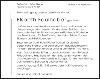 Traueranzeige von Elsbeth Faulhaber von Eßlinger Zeitung/Cannstatter Zeitung