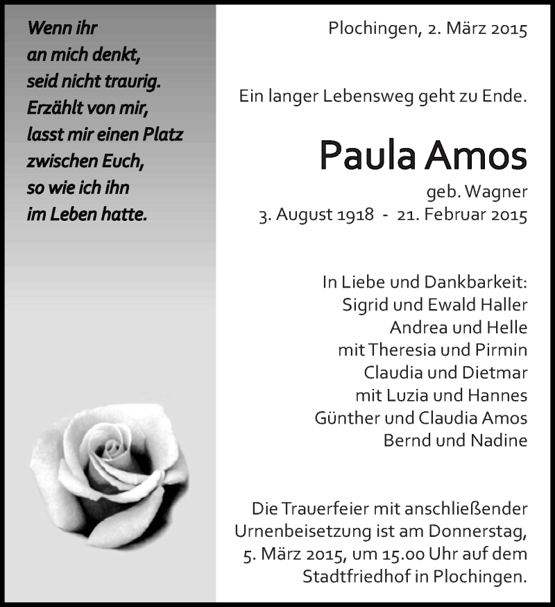  Traueranzeige für Paula Amos vom 02.03.2015 aus Eßlinger Zeitung/Cannstatter Zeitung