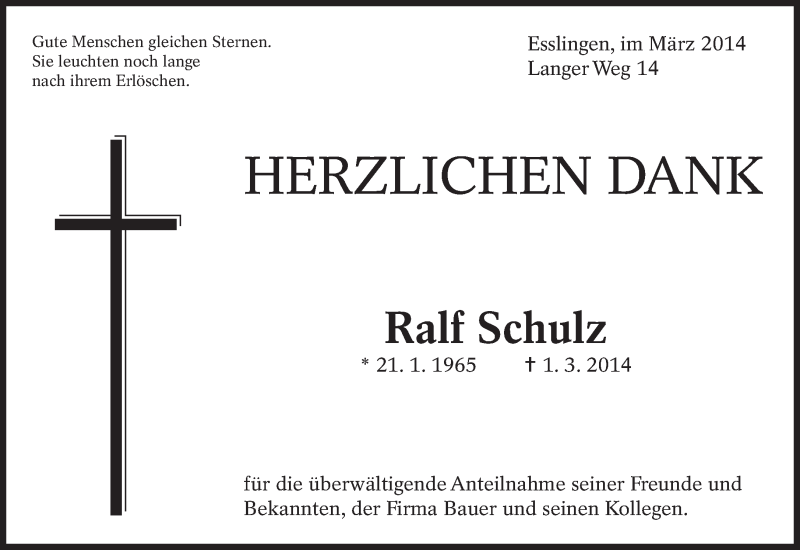  Traueranzeige für Ralf Schulz vom 22.03.2014 aus Eßlinger Zeitung/Cannstatter Zeitung