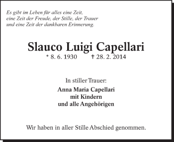 Traueranzeige von Slauco Luigi Capellari von Eßlinger Zeitung/Cannstatter Zeitung