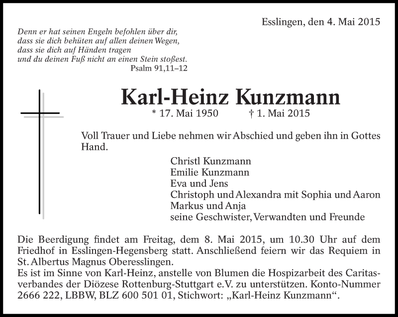  Traueranzeige für Karl-Heinz Kunzmann vom 04.05.2015 aus Eßlinger Zeitung/Cannstatter Zeitung