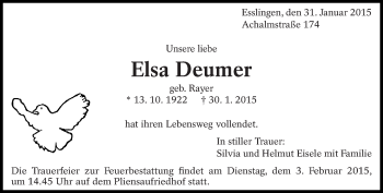 Traueranzeige von Elsa Deumer von Eßlinger Zeitung/Cannstatter Zeitung